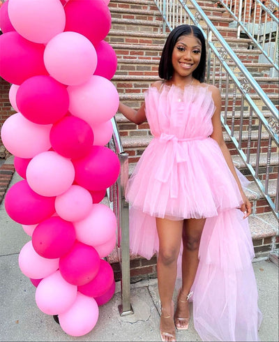 Hot Sale Elegant Womens High Low Tulle Dress Strapless Solid Color Tiered Cocktail Party Dress Prom Gown Black Pink Purple