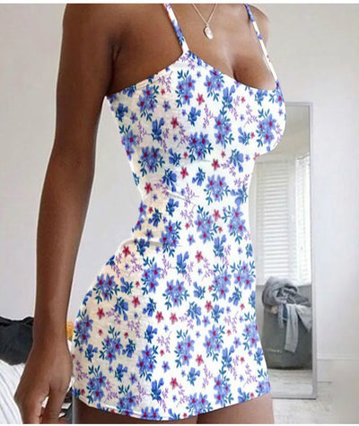 Plus Size Dresses Summer New Print Backless Slip Dress Women's Sexy Slim Floral Dress Mini Dresses Package Buttocks Short Skirt