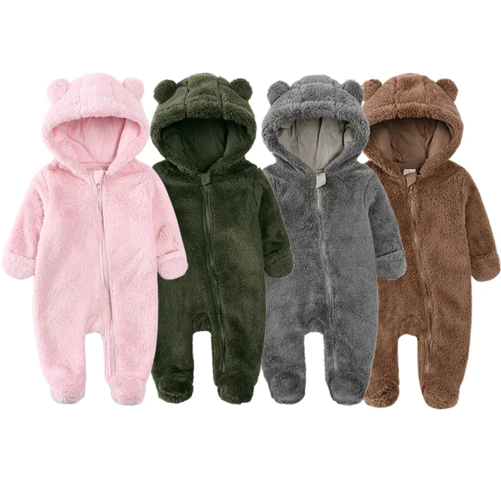 2025 Baby Winter Thick Romper Cotton Warm Long Sleeve Girl Jumpsuit Clothes 0-24M Newborn Boy Bear Fleece Hooded Pyjamas