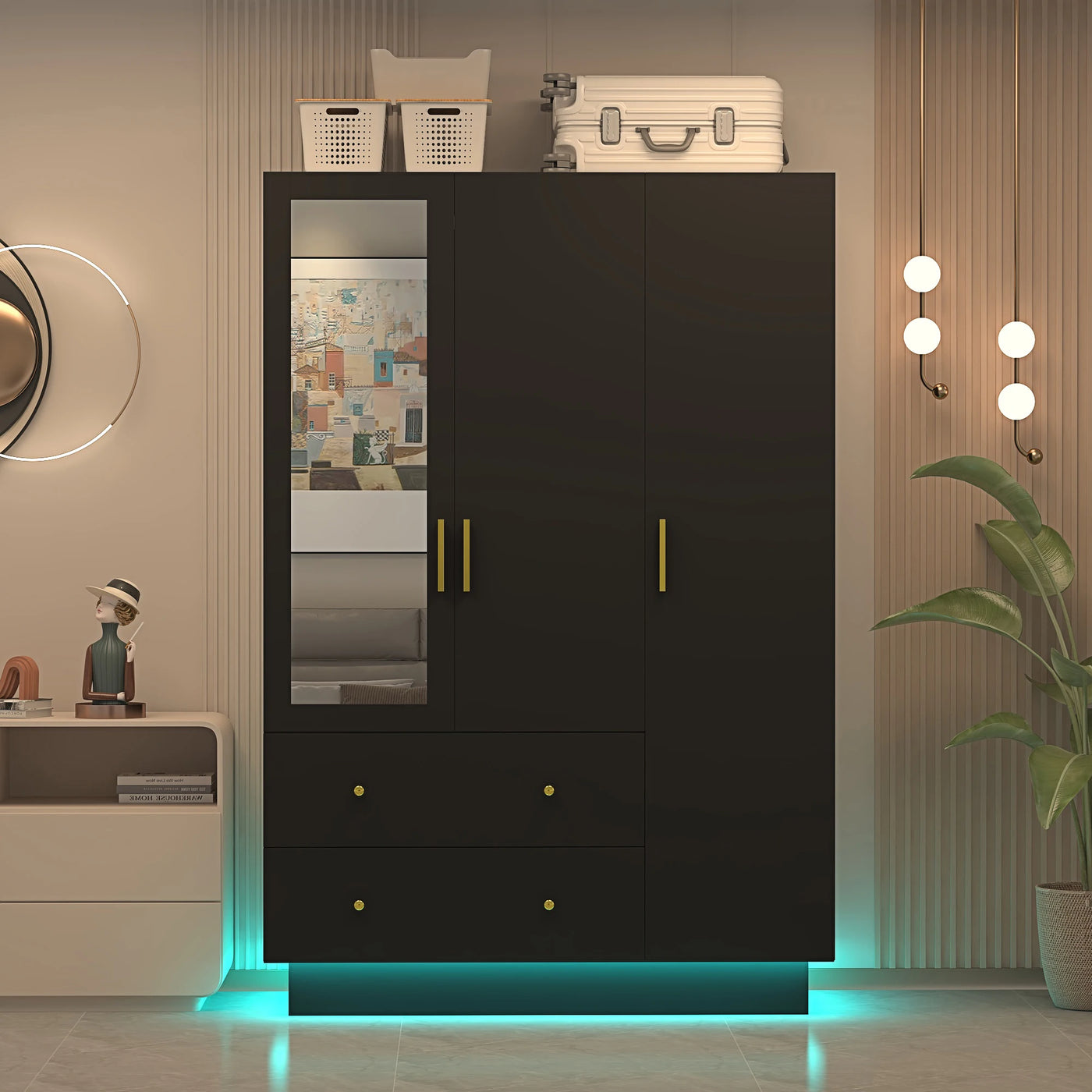 Modern Wooden Armoire Wardrobe Closet with Hanging Rod for Bedroom, 3 Door Wardrobe Closet with Mirror & LED Lights,White