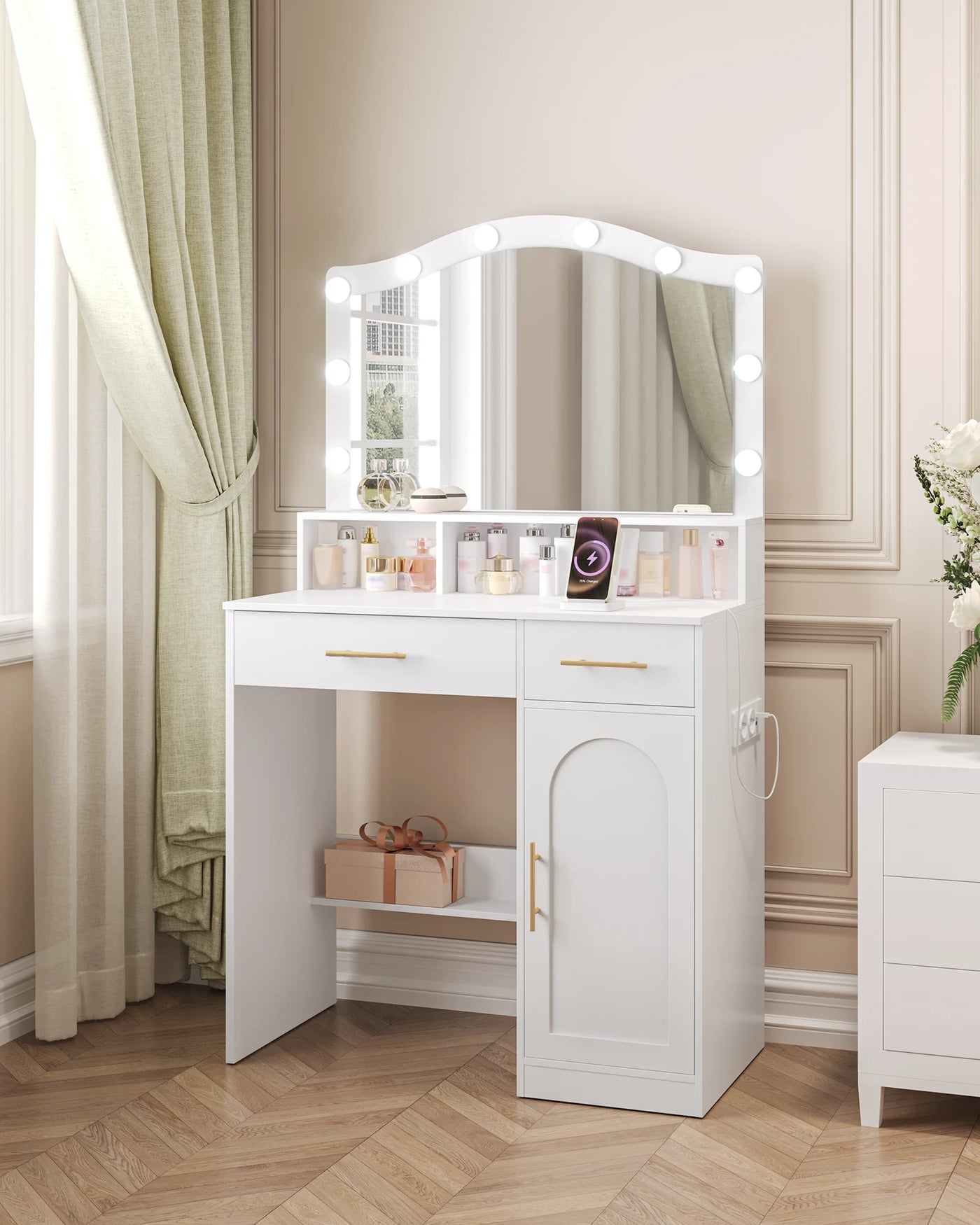 Hzuaneri Dressing Table, HD Large Mirror, 3 Colored Adjustable LED Lights, with Charging Station 2 AC Sockets and 2 USB Ports