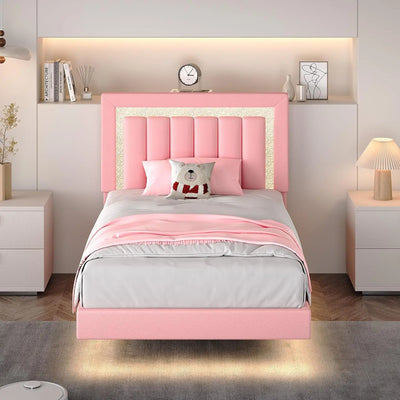 Floating Bed Frame Full with Smart LED Lights, Faux Leather Upholstered Platform Bed with Diamond PU Headboard,