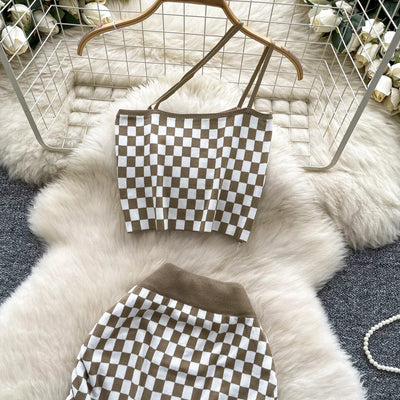 2025 New Vacation Style Plaid Suits Women Strapless Hotsweet Mini Tops+High Waist Bodycon Skirt Fashion Casual Knitted Sets