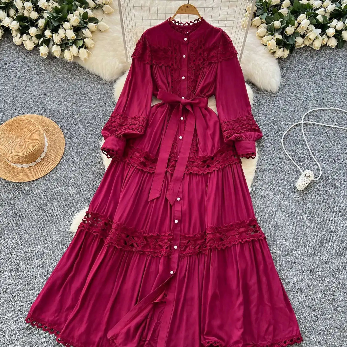 Elegant Long Maxi Hollow Out Dress Shirt Women Summer Autumn Palace Retro Pearl Button Embroidery Crochet Evening Party Vestidos