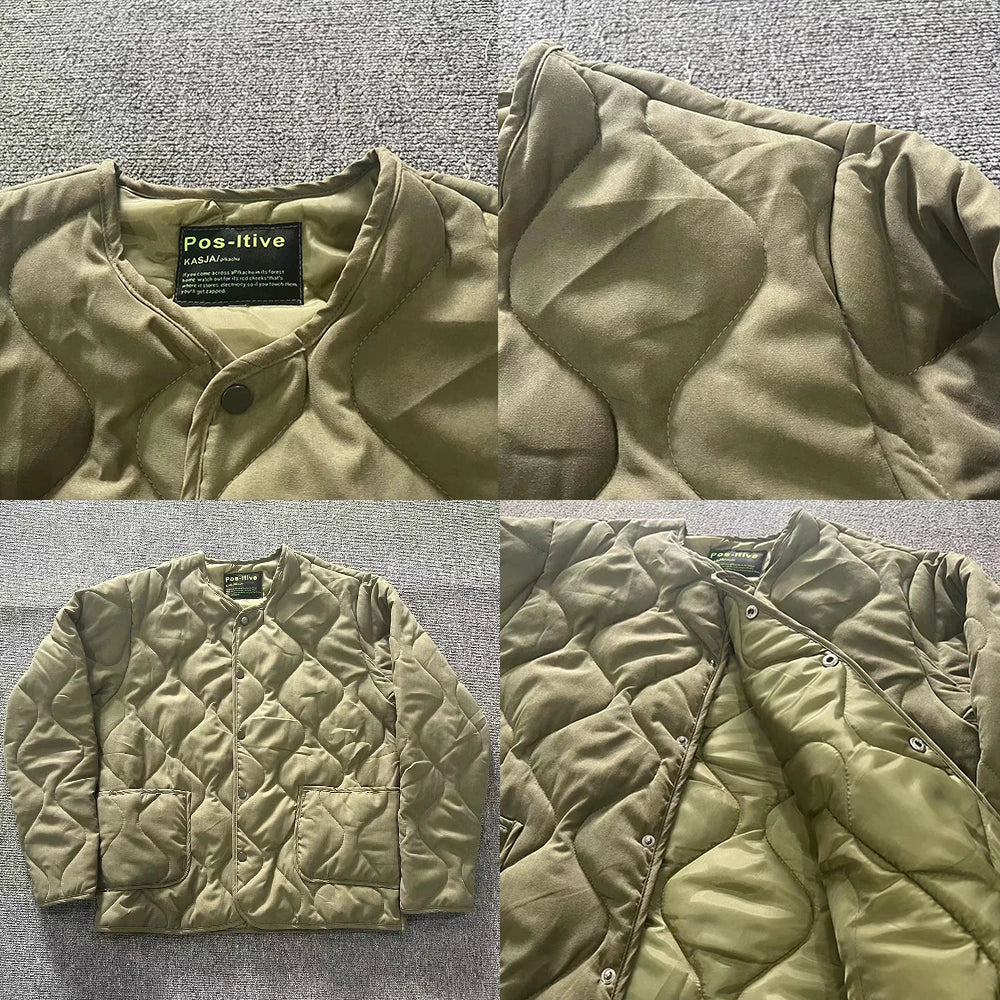 Autumn Winter O-neck Quilted Jacket Men's Versatile Green Retro Thickened Coat Men Techwear Button Up Oversize Jacket
