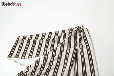 Weird Puss Sexy Hollow Jumpsuit Women Ruched Irregular Hipster Club Stripe Print Full Sleeve Midnight Activity Workout Overalls