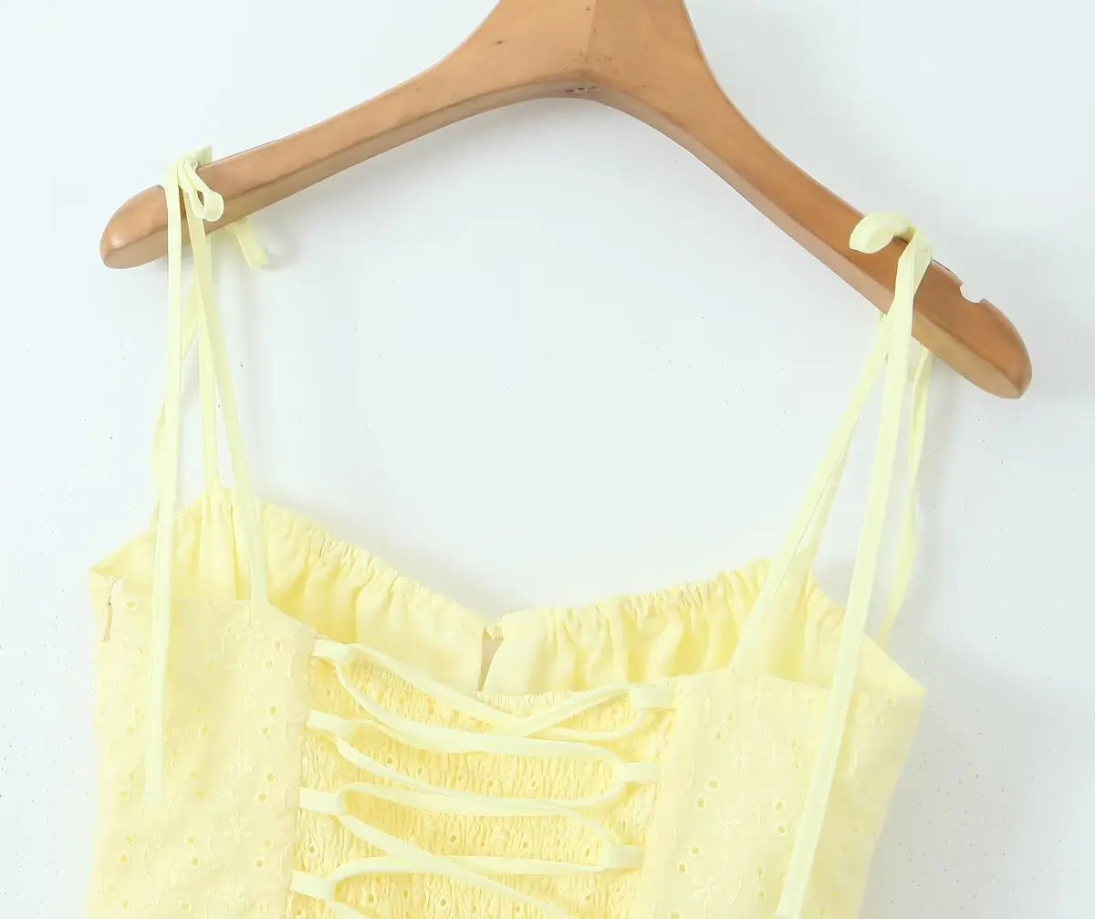 2024 Sexy Yellow Hollow out Embroidery Lace Cotton Corset Style Bow Sling Dress Women Low Waist Ball Gown Swing Mini Party Robe