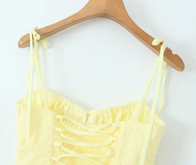 2024 Sexy Yellow Hollow out Embroidery Lace Cotton Corset Style Bow Sling Dress Women Low Waist Ball Gown Swing Mini Party Robe