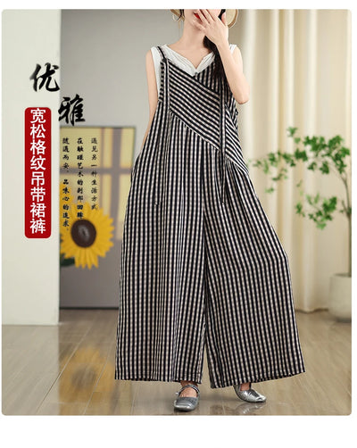 Oversized Summer Plaid Print Jumpsuit Women Wide Leg Loose Pleated Fashion Ladies Jumpsuits V-Neck Sleeveless Woman Jumpsuits