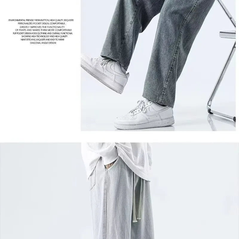 2025 Spring and Autumn New Jeans Men's Loose Straight Straight Solid Color Casual Trendy Versatile Wide Leg Long Pants