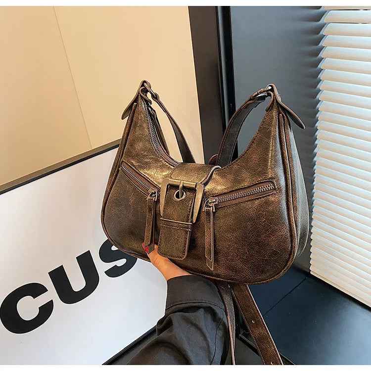 Retro Belt Design PU Leather Shoulder Bags for Women 2024 Y2K Small Vintage Female Underarm Crossbody Bag Fashion Handbags