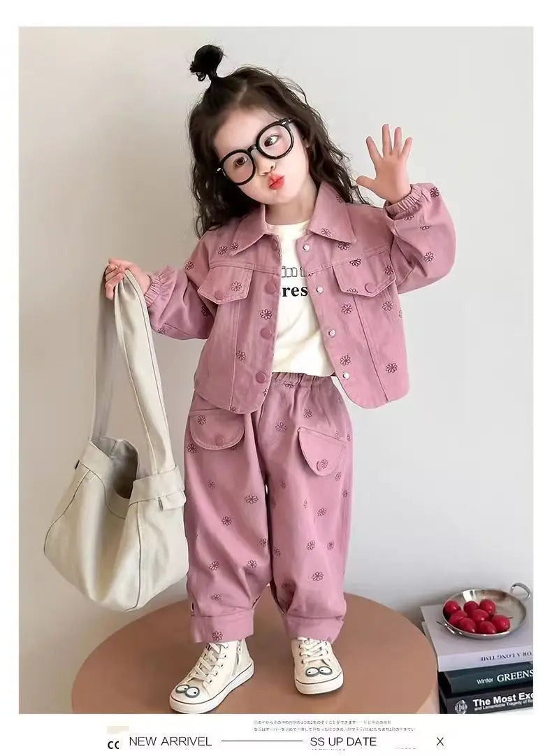 Girls Coat and Pants Two Piece Set 2025 Spring and Autumn New Korean Fashion Floral Casual Coat and Pants Two Piece Set Trend
