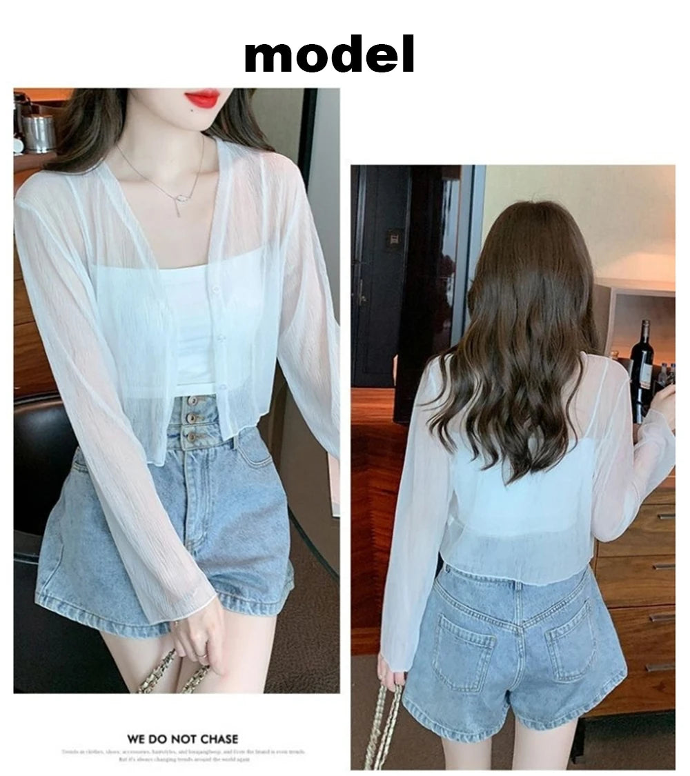 Ice silk sun protection clothing for women in summer, thin chiffon cardigan with camisole skirt, outer cover, small shawl jacket