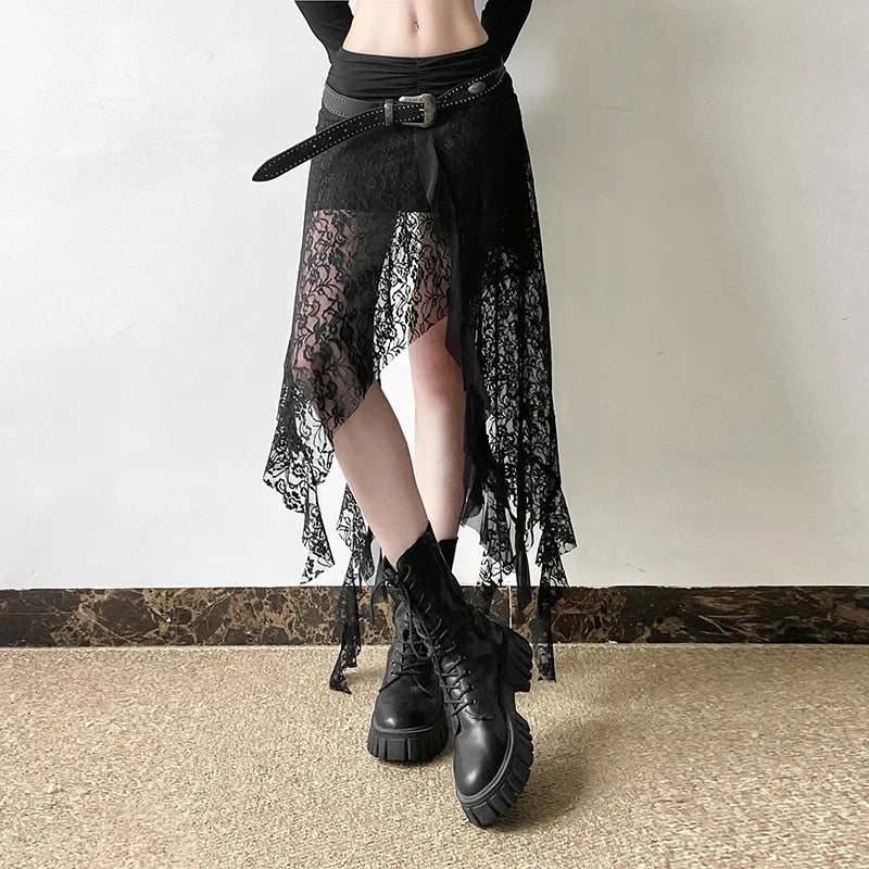 Y2K Goth Dark Irregular Hem Lace Patchwork Mid Skirts Women Streetwear Fairy Slim Pleat A-line Skirt Mall Goth Fashion Bottoms
