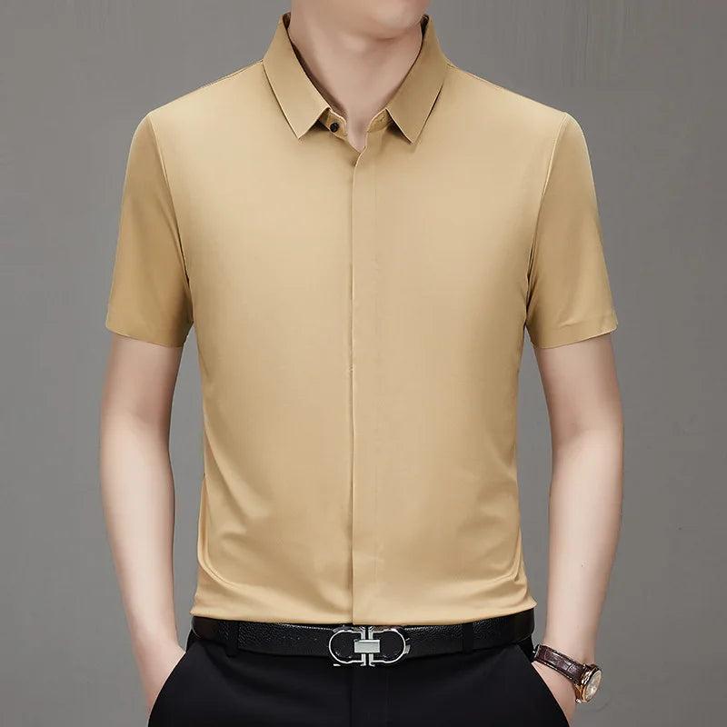 Summer New High-grade Hidden Button Men's Light Luxury Short Sleeve Shirts Men High Elastic Business Anti-wrinkle Ice Silk Shirt