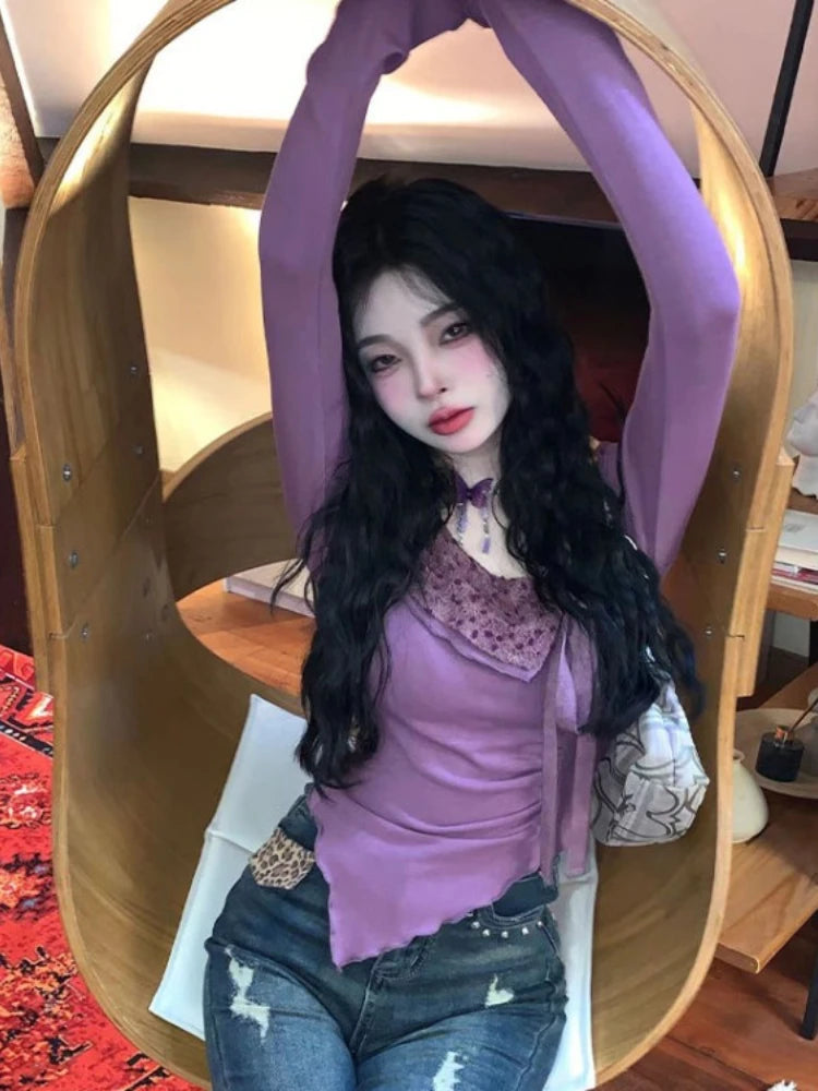2025 Autumn New Long Sleeve Bottoming T-Shirts Women Elegant Sweet Y2k Aesthetic Tshirts Korean Irregular Chic Bow Tees Femme