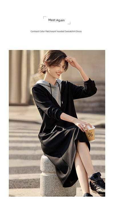 Xwi Xin Not Contrast Color Patchwork Hoodie Dress Female 2024 Autumn Simplicity Generous Slimming Elegant Long Dress