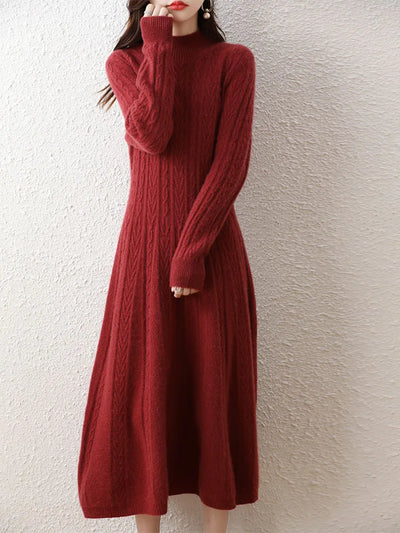 Elegant Fashion Dresses Cashmere Sweater Knitted Long Dress 100% Merino Wool Women Turtleneck Office Skirt Autumn Winter Clothes