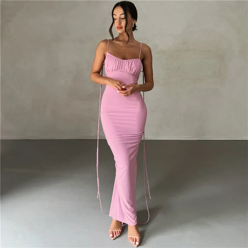 Summer sexy pleated solid color strap with perspective high slit backless sleeveless long skirt