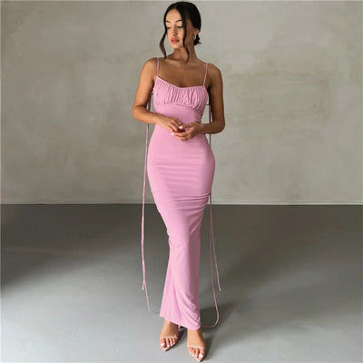 Summer sexy pleated solid color strap with perspective high slit backless sleeveless long skirt