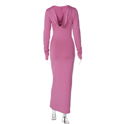 Hugcitar Solid Hoodies V Neck Long Sleeve Draped Sexy Slim Maxi Dress 2023 Winter Women Fashion Y2K Outfits Streetwear Party