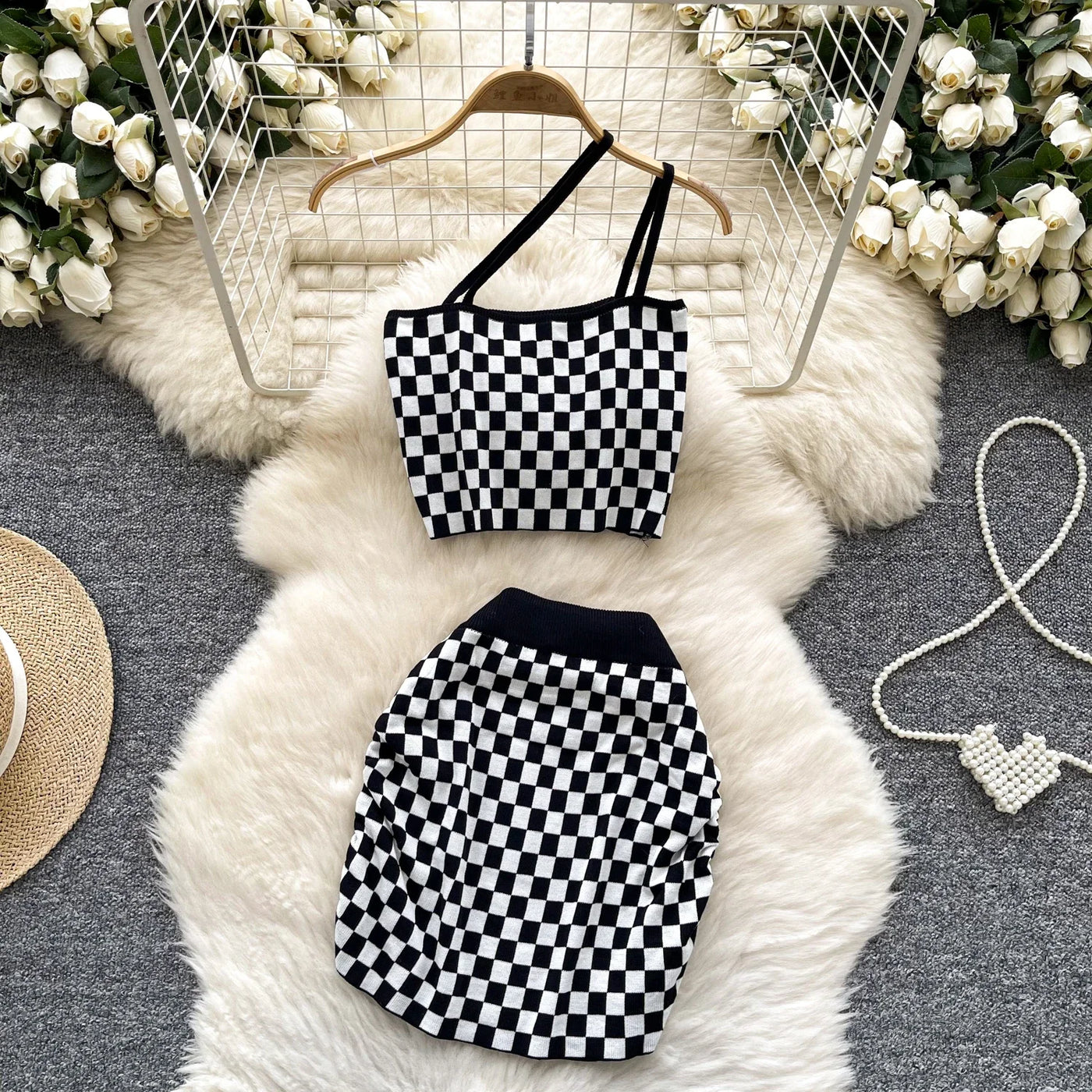 2025 New Vacation Style Plaid Suits Women Strapless Hotsweet Mini Tops+High Waist Bodycon Skirt Fashion Casual Knitted Sets