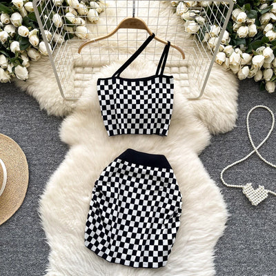2025 New Vacation Style Plaid Suits Women Strapless Hotsweet Mini Tops+High Waist Bodycon Skirt Fashion Casual Knitted Sets