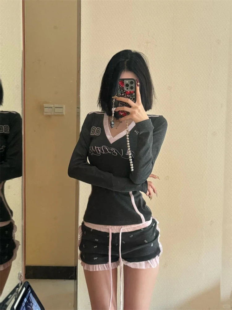 Woman Sweet Fashion Suit Casual Y2k Crop Tops +  A-line Mini Shorts Skirt Low Waist Slim Shorts Skirt Spicy Girls Streetwear Set