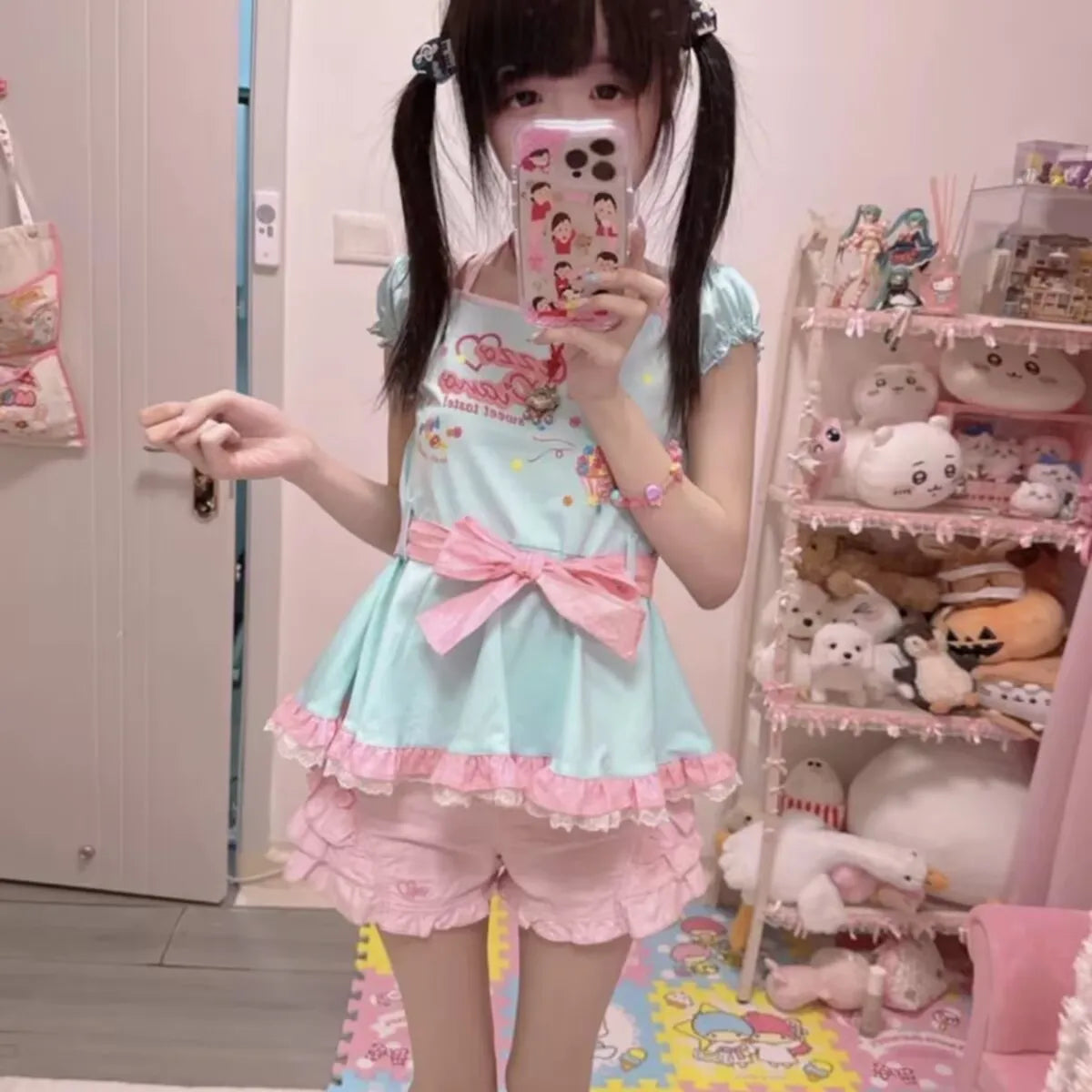 Japanese Kawaii Print Lolita T-Shirts Women Y2k Cute Tees Summer Sweet Bow Halter Neck Bandage Short Sleeve Cotton Tops