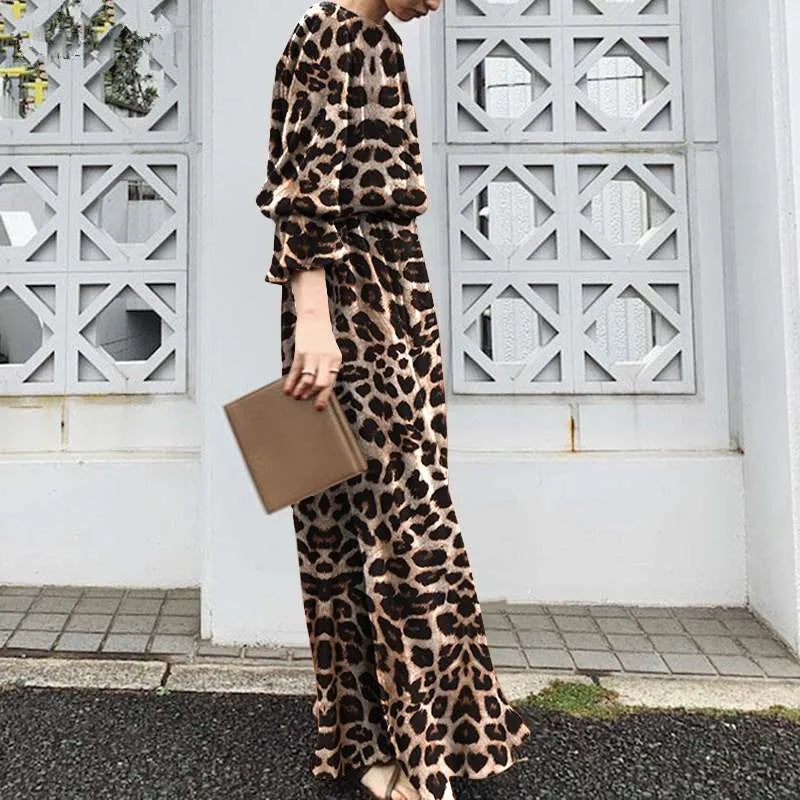 2025 Fashion Leopard Printing Maxi Dress Women's Spring Sundress Elegant Casual Long Sleeve Vintage Long Dresses Vestidos Female