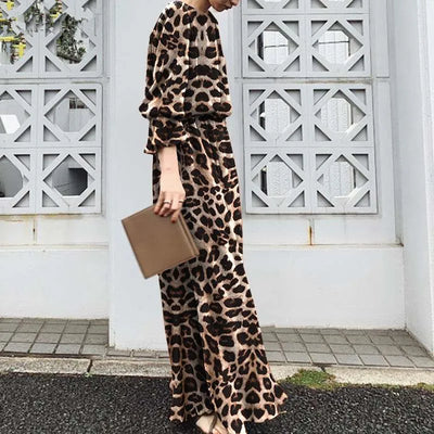 2025 Fashion Leopard Printing Maxi Dress Women's Spring Sundress Elegant Casual Long Sleeve Vintage Long Dresses Vestidos Female
