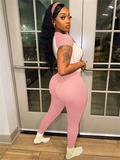 Weird Puss Casual Sporty 2 Piece Set Women Contrast Patchwork Short Sleeve T-Shirts+Skinny Stretch Sweatpants Simple Tracksuits