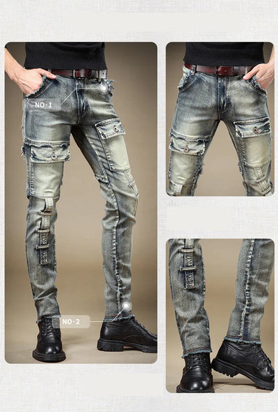 2024 Men's Jeans Stretch Vintage Washing Drak Blue Denim Pants Autumn Summer Luxury Street  Hip-Hop Style Slim Fit Men Trousers