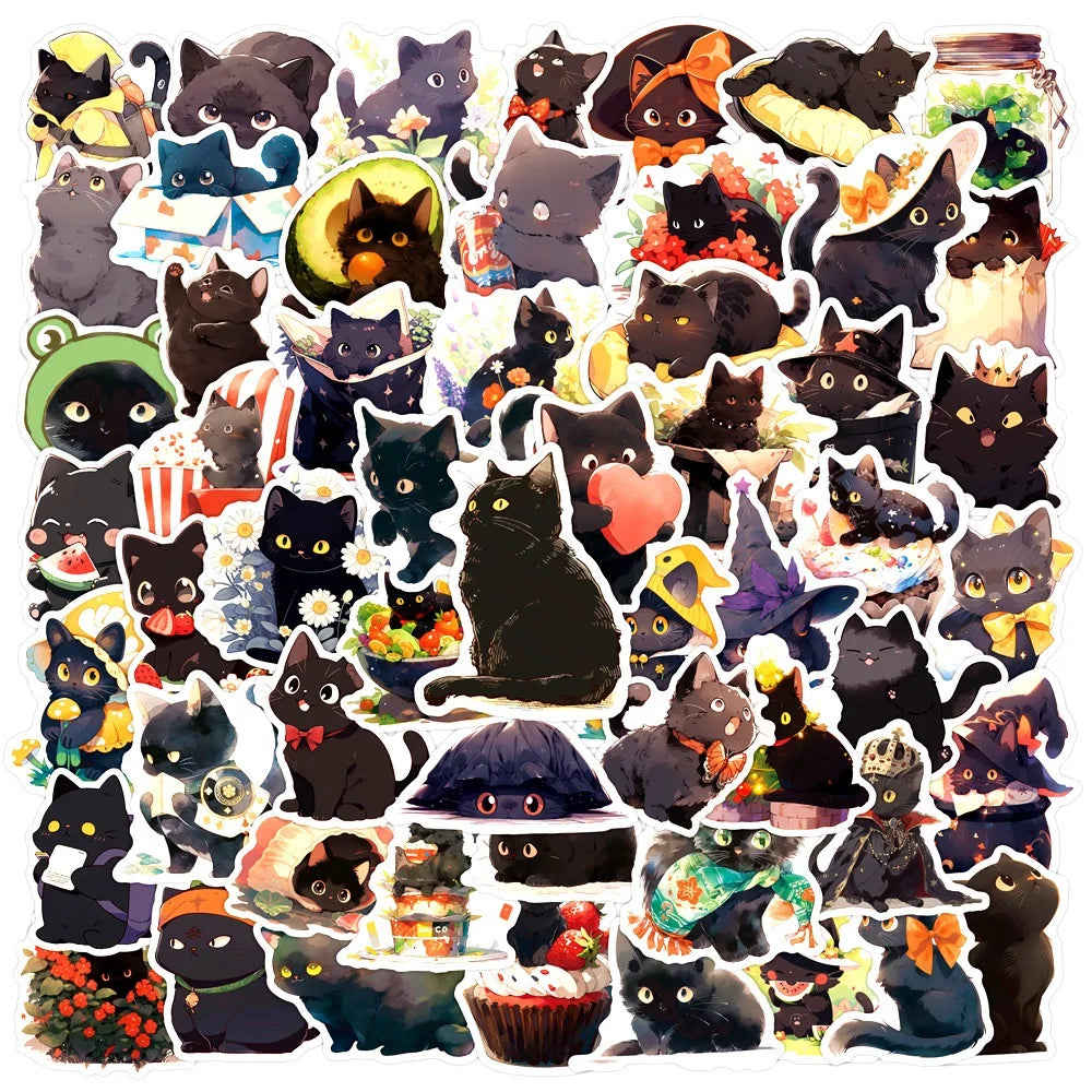 50/100pcs Cute Black Cat Stickers Laptop Phone Case Notebook Scrapbooking Car Vinyl Waterproof Cartoon Cats Decal Kids Gift Toy