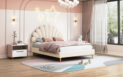 Double bed 140x200 cm, upholstered bed with flower-shaped headboard and slatted frame, stable bed frame, children's bed