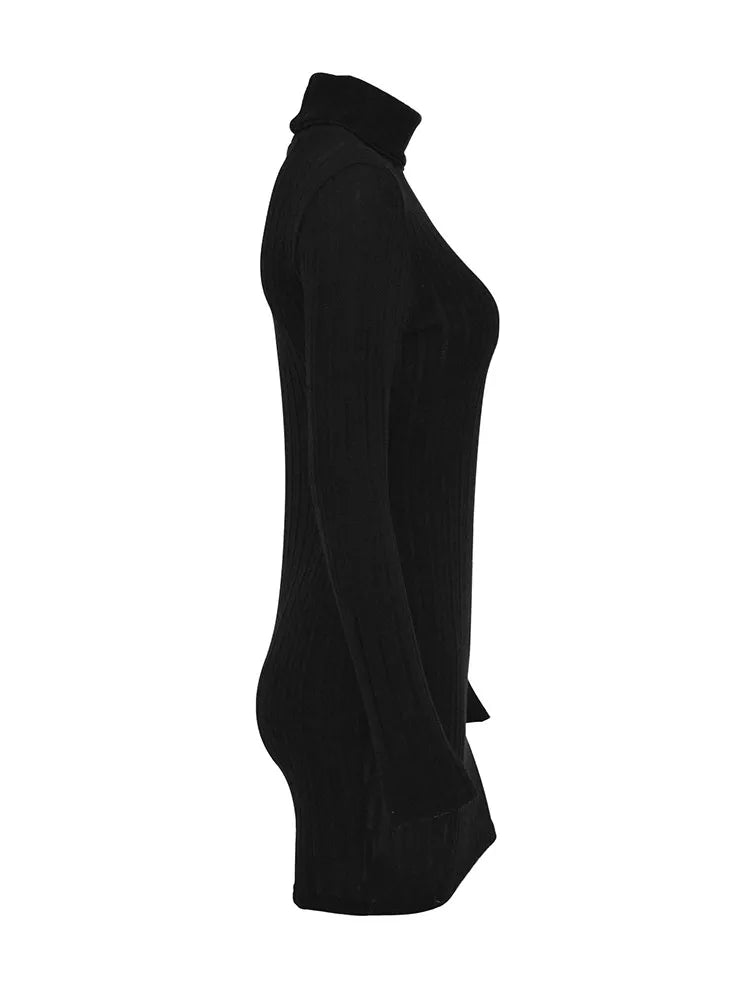 Autumn Black Mini Dress For Women Solid Long Sleeves Turtleneck Sexy Bodycon Sheath Dress Club Elegant Party Dresses Pullover