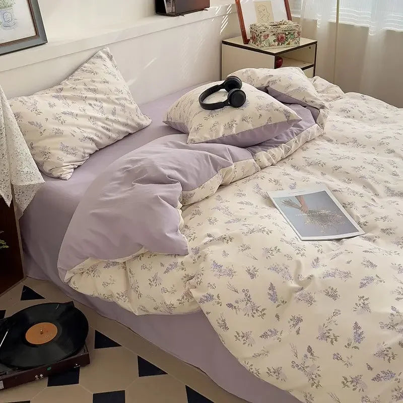 Green Floral Bedding Set Twin Full Queen Size Duvet Cover for Girls Flat Sheet Pillowcase Washed Cotton Home Linens