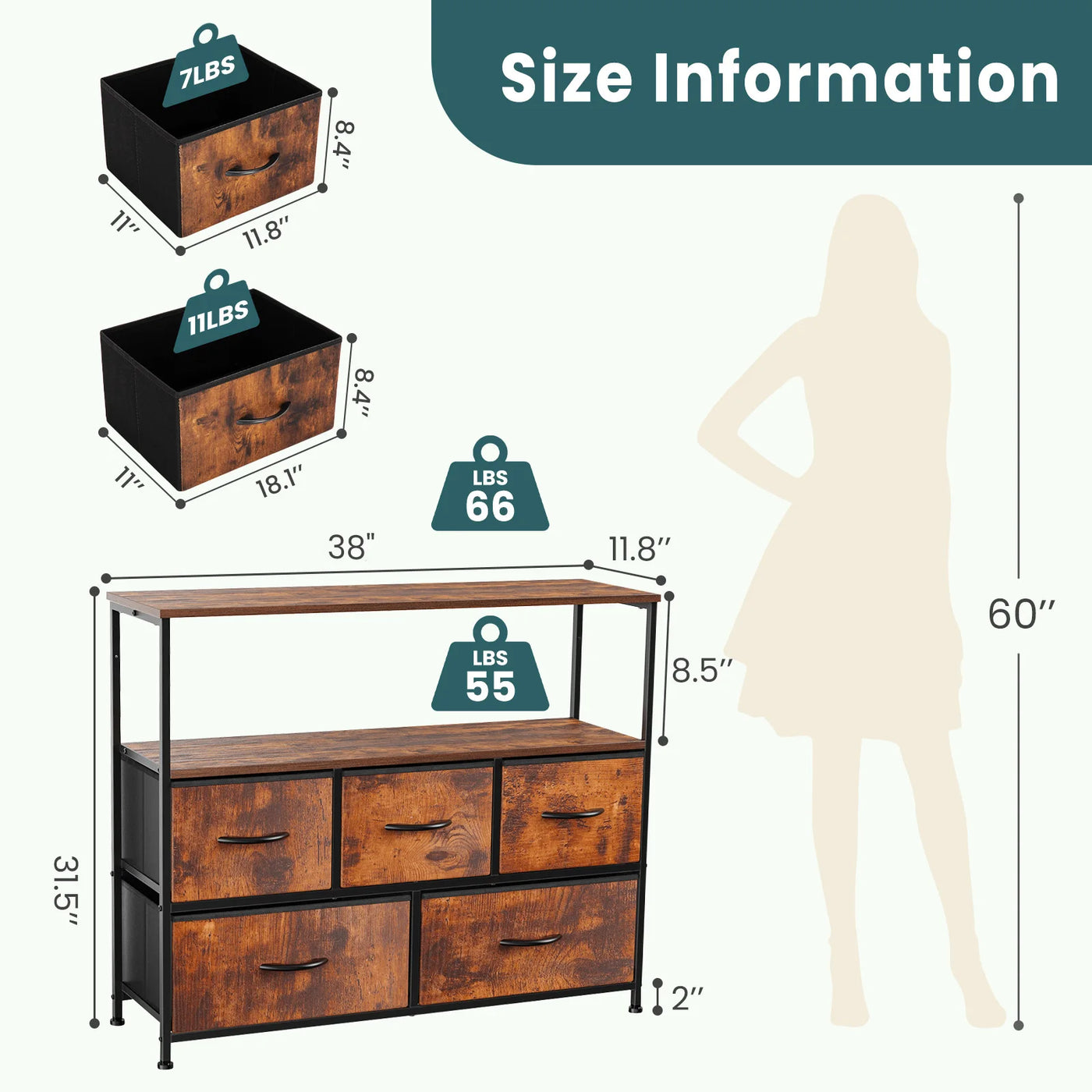 JHK Fireplace TV Stand Dresser For Bedroom With 5 Fabric Drawers Storage Closet Chest Clothes Storage Display Cabinet Furniture