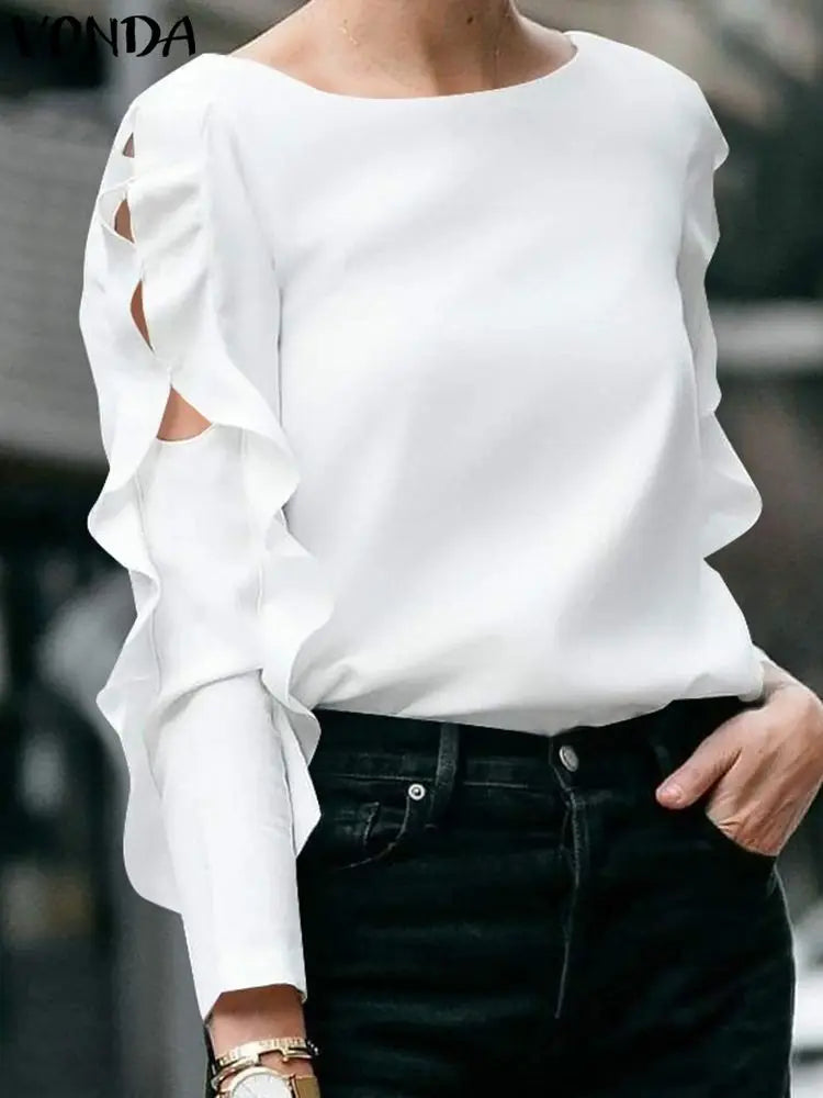 Plus Size 5XL VONDA Autumn Elegant Solid Blouse Fashion Top Women 2024 Ruffled Long Sleeve Hollow Out Casual Loose Shirts Blusas