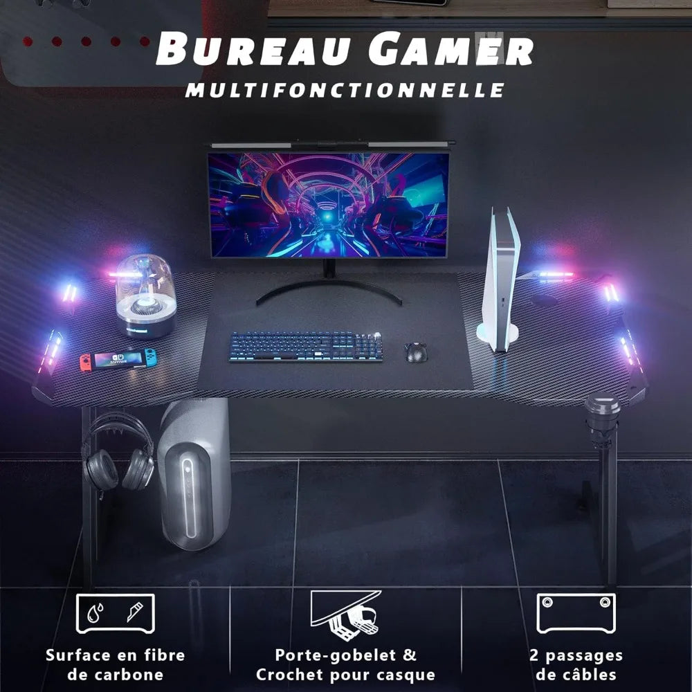 120 x 60 cm LED Gaming Desk, Large Gaming Desk with Carbon Fibre Tray, Ergonomic Computer Desk with Mouse Pad