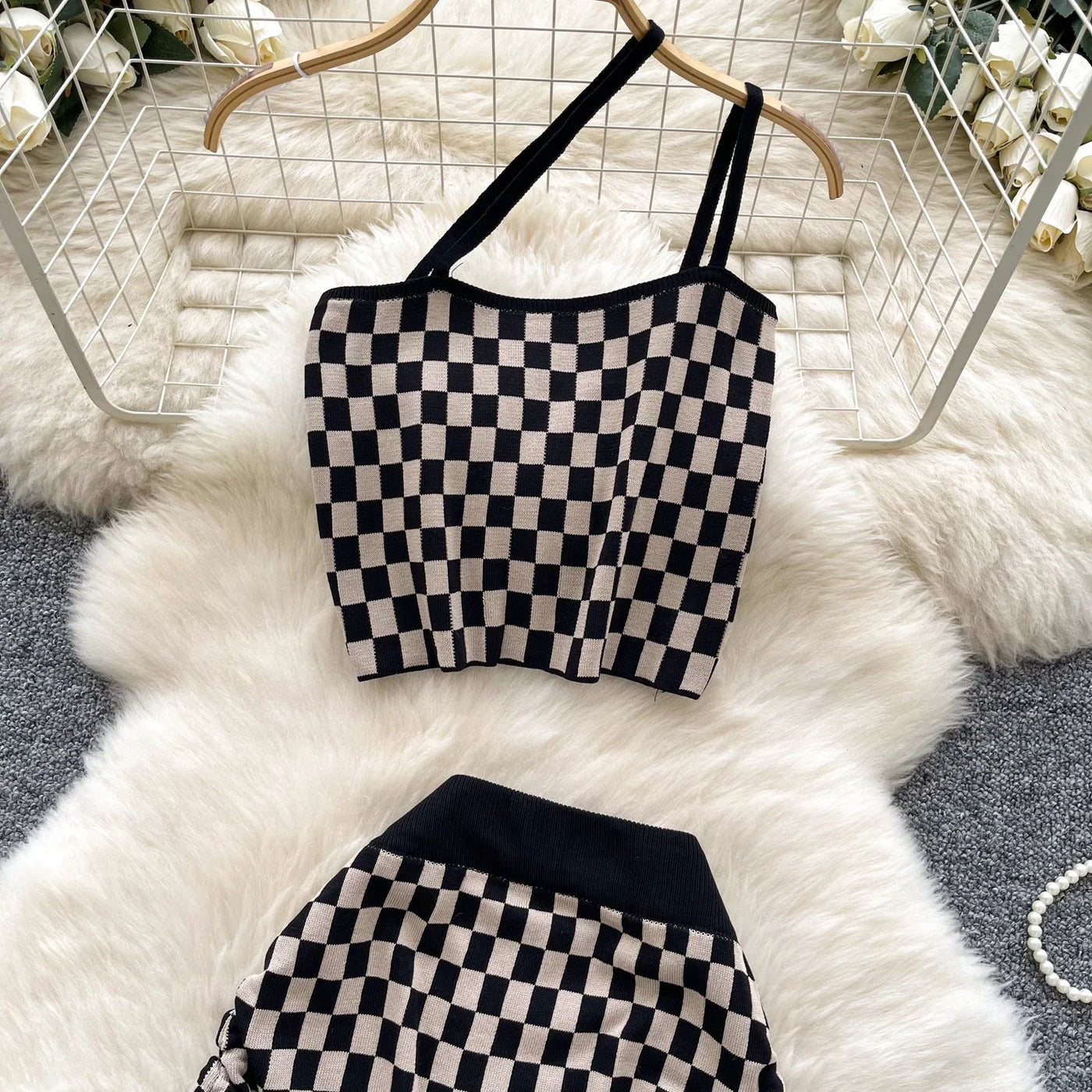 2025 New Vacation Style Plaid Suits Women Strapless Hotsweet Mini Tops+High Waist Bodycon Skirt Fashion Casual Knitted Sets