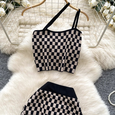 2025 New Vacation Style Plaid Suits Women Strapless Hotsweet Mini Tops+High Waist Bodycon Skirt Fashion Casual Knitted Sets