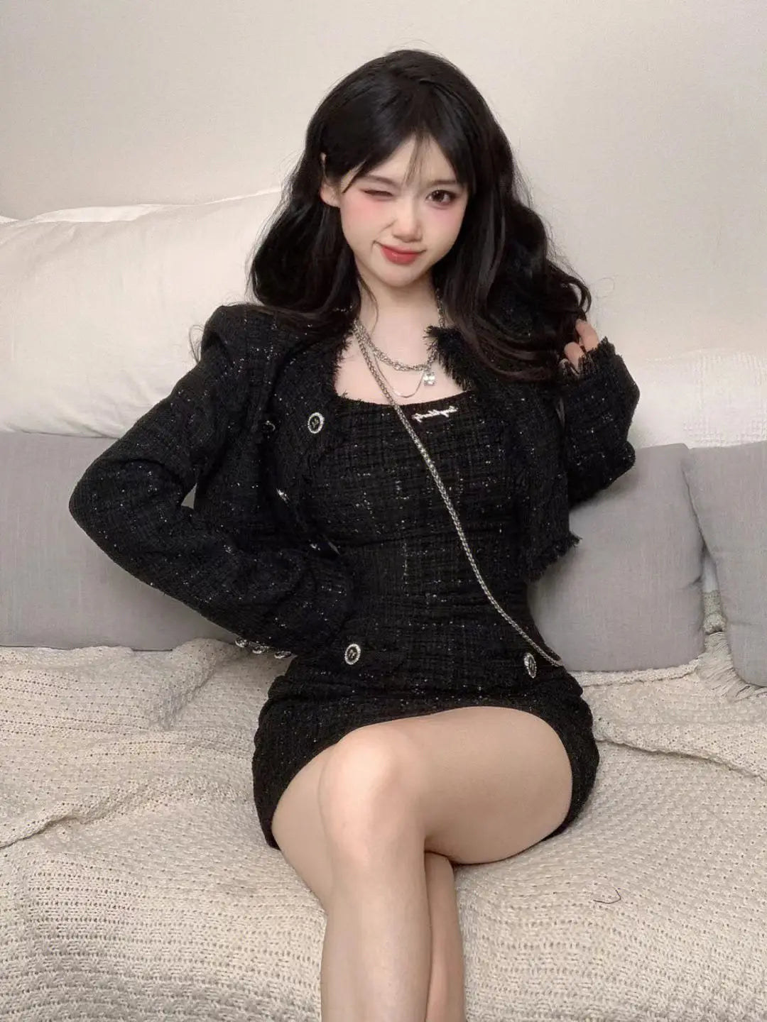 Korean Fashion Short Coat Autumn/Winter New Strap Camisole Dress Wrap Hip Slim Mini Dress Spicy Girl Two Piece Set Women Outfits