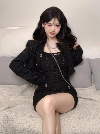 Korean Fashion Short Coat Autumn/Winter New Strap Camisole Dress Wrap Hip Slim Mini Dress Spicy Girl Two Piece Set Women Outfits