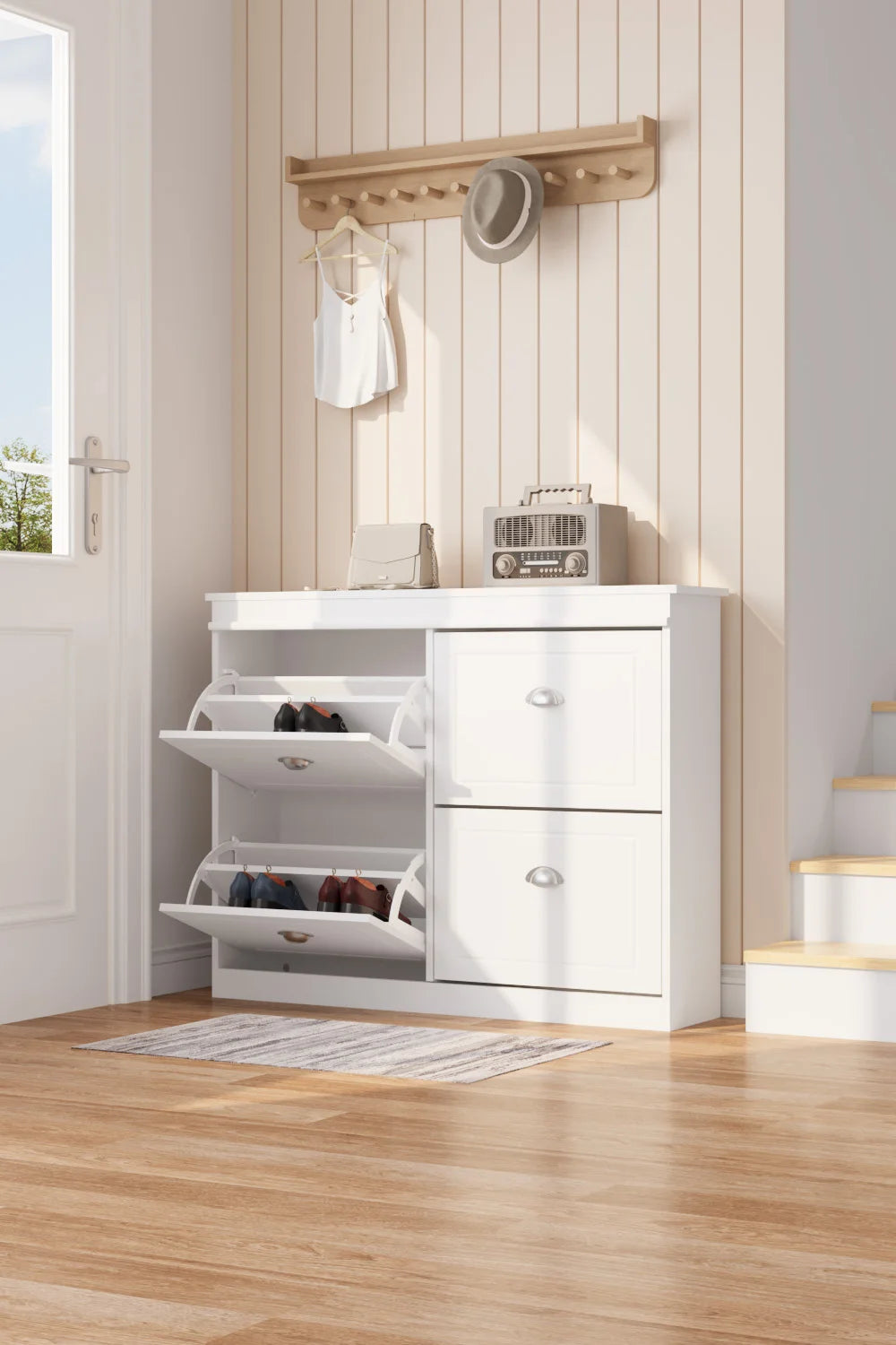 【Breeins】Flip Down Shoe Bench Cabinet, Shoes Rack Storage Organizer Shelf Home Decoration For Entryway