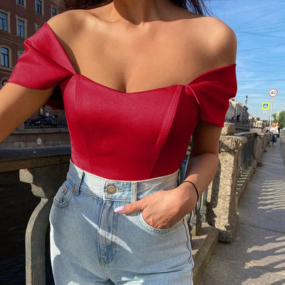 Cryptographic Off Shoulder Satin Sexy Backless Bustier Corset Crop Tops Women Sleeveless Summer Top Cropped Club Fashion Outfits
