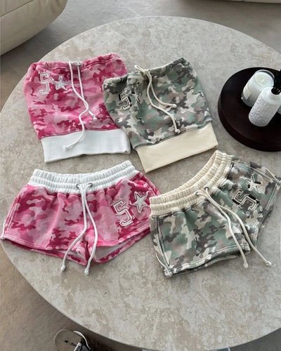 Y2k New Strapless Two Piece Set Women Fashion Summer Camouflage Digital Embroidery Strapless Top Gothic Punk Slim Sexy Shorts