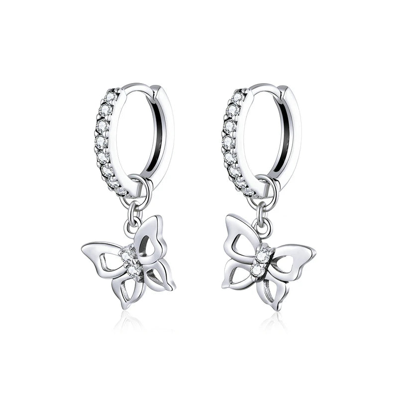 WOSTU Real 925 Sterling Silver Original Butterfly Hoop Earrings Oxidation For Women Wedding Party Daily Gift DIY Fine Jewelry