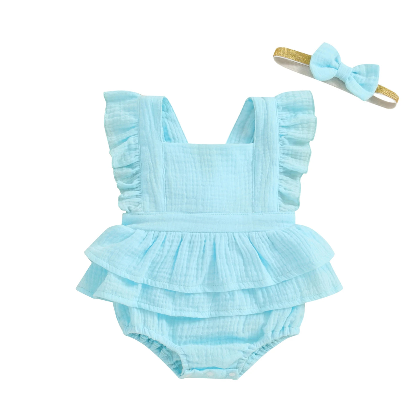 Citgeett Summer Infant Baby Girls Bodysuit Dress Solid Color Fly Sleeve Skirt Hem Jumpsuit Clothes Headband