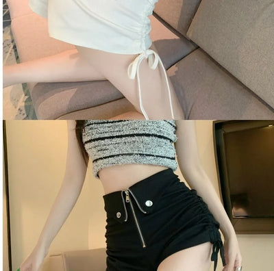 Women's High Waist White Shorts  Summer Spice Girls Drawstring A-line Short Hot Pants  Trendy Lace Up Zip Up Button Down Shorts